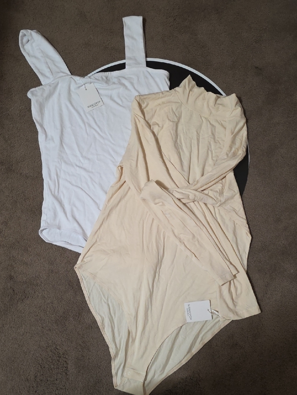 Cream Long-Sleeve Turtleneck Bodysuit + White Sleeveless Strap Bodysuit Set